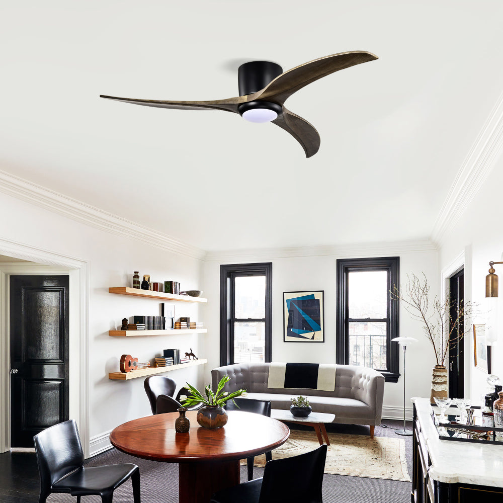 52" Flush Mount Ceiling Fan Solid Wood Blades Ceiling Fan With Light with Remote Control, Noiseless Reversible Motor, 6 Speed, for Patio Living Room, Bedroom,Indoor.(Matte Black)
