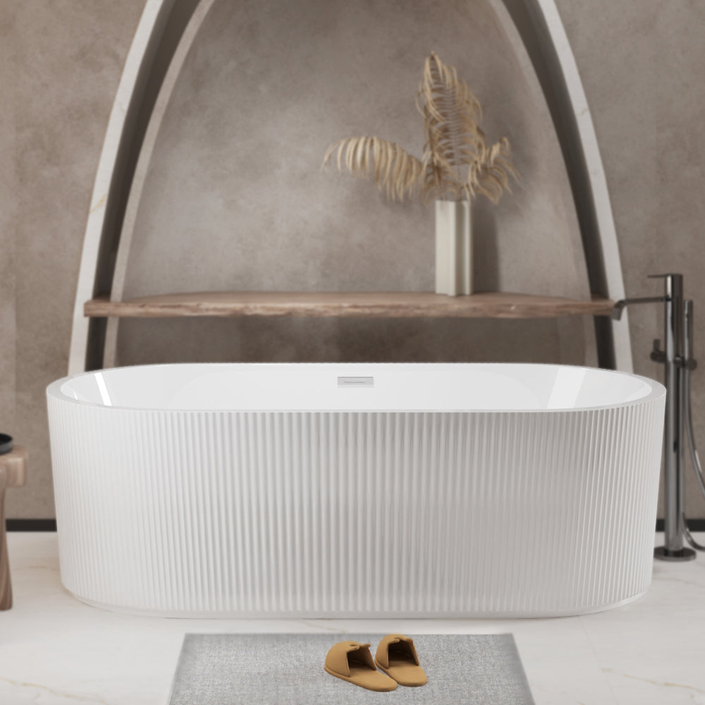 59"Linear AcrylicFreestanding Bathtub Stand Alone Soaker Tub, Glossy White Acrylic, POP-UP Chrome Drain, cUPC Certified