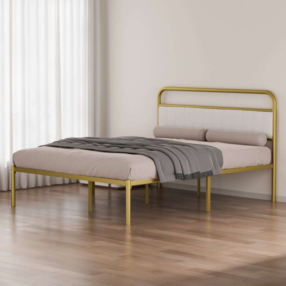 Metal Steel Platform Bed Frame with Upholstered Headboard cushion (Queen Size) - Gold