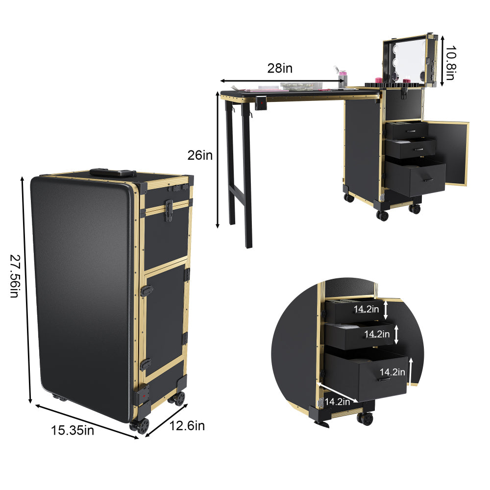 Portable Nail Art Table w/ LED Mirror, Bluetooth, Lockable Drawers, Telescopic Pole - Folding Manicure Station for Salons (Black Gold)