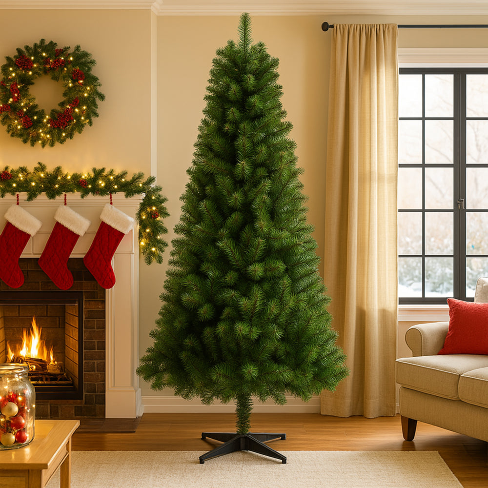 6FT Hinged Unlit Artificial Christmas Tree with 582 Tips, Full PVC Branches, Green Holiday Tree with 4-Leg Plastic Stand for Indoor Christmas Decoration