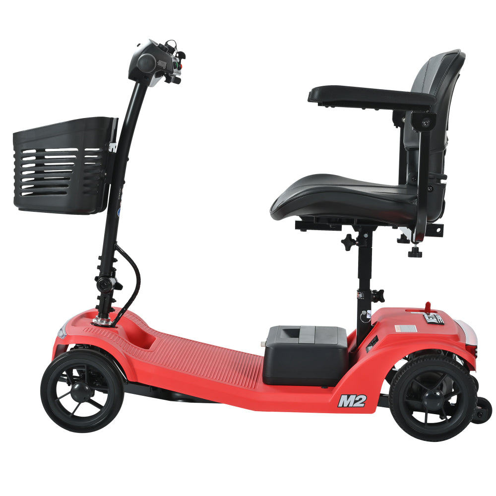 4 wheel mobility scooter with 16-20mile driving range, lithium battery, 330bs weight capacity, front & rear LED light, extension legroom, Electric-magnetic brake system, Color- Red, M2-RED-22.5L