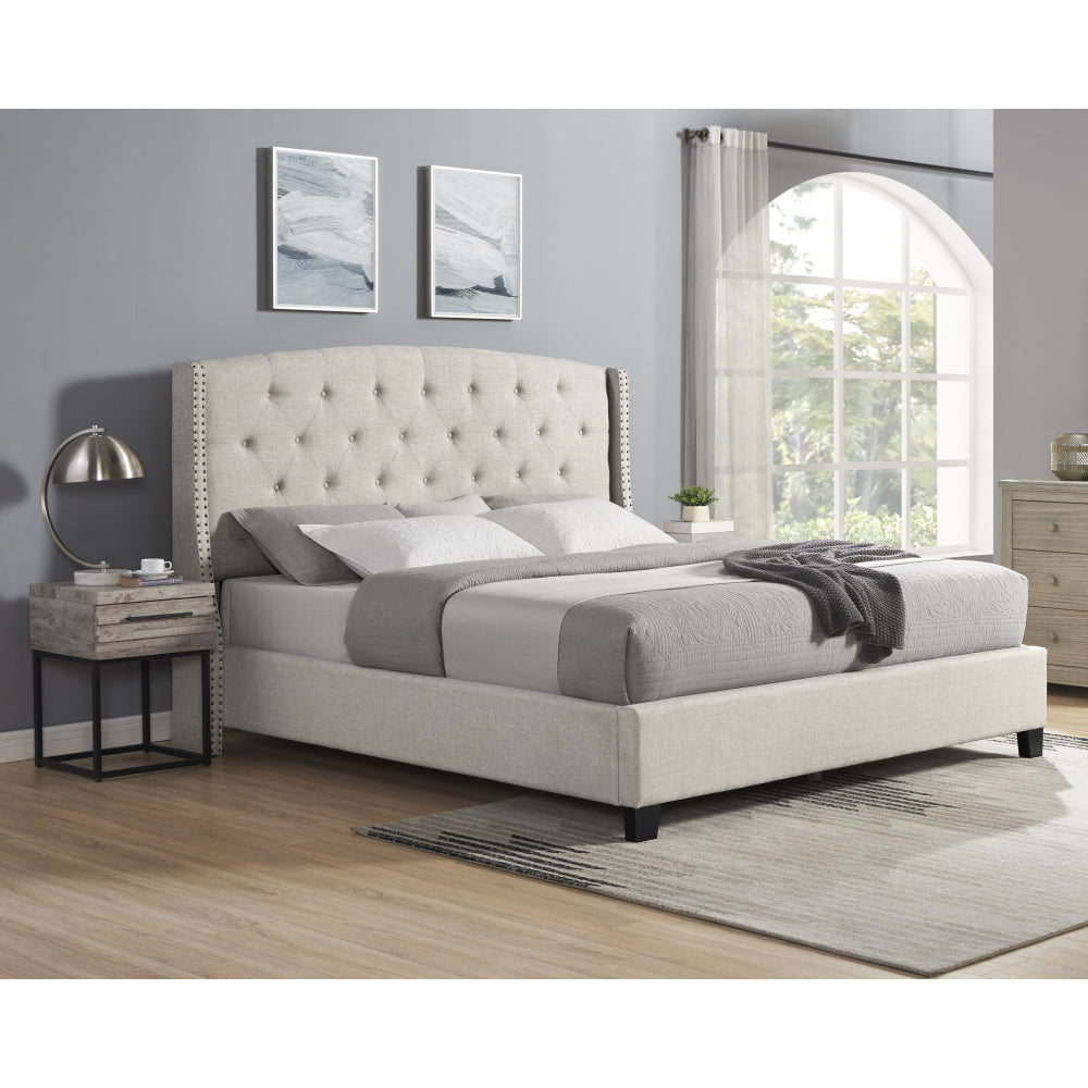 Astral 3-Piece Upholstered Bedroom Set, Tufted Wingback Bed with Two Gray Nightstands