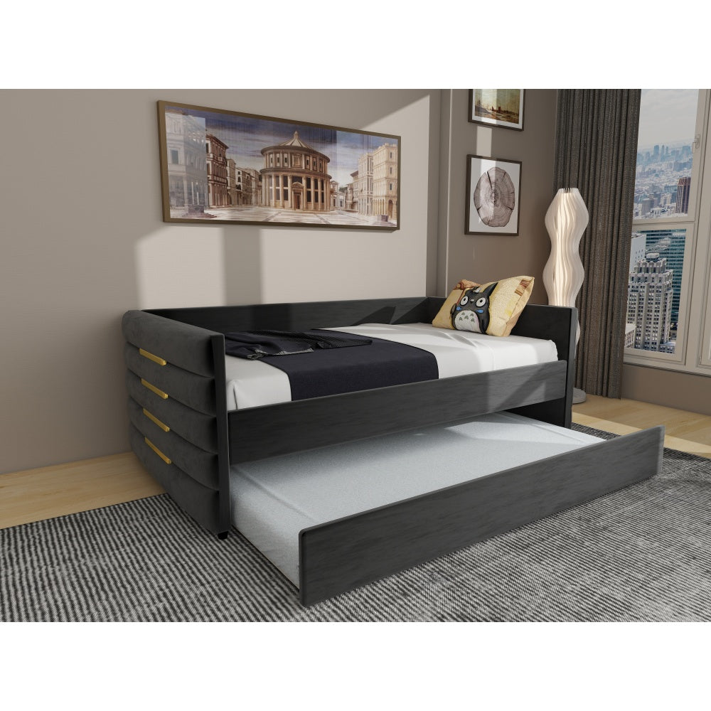 BLUE UPHOLSTERED TWIN SIZE DAYBED WITH TRUNDLE, VELVET FABRIC, NO BOX SPRING REQUIRED, COMFORTABLE AND SIMPLE DESIGN MODELS
