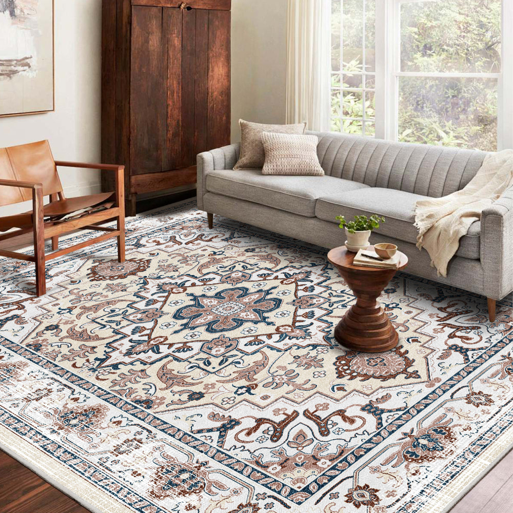 Area Rug 5x7 Vintage Bohemian Persian Non-slip Washable Rug For Living Room Kitchen Bedroom Living Room Flower Design Orange-yellow