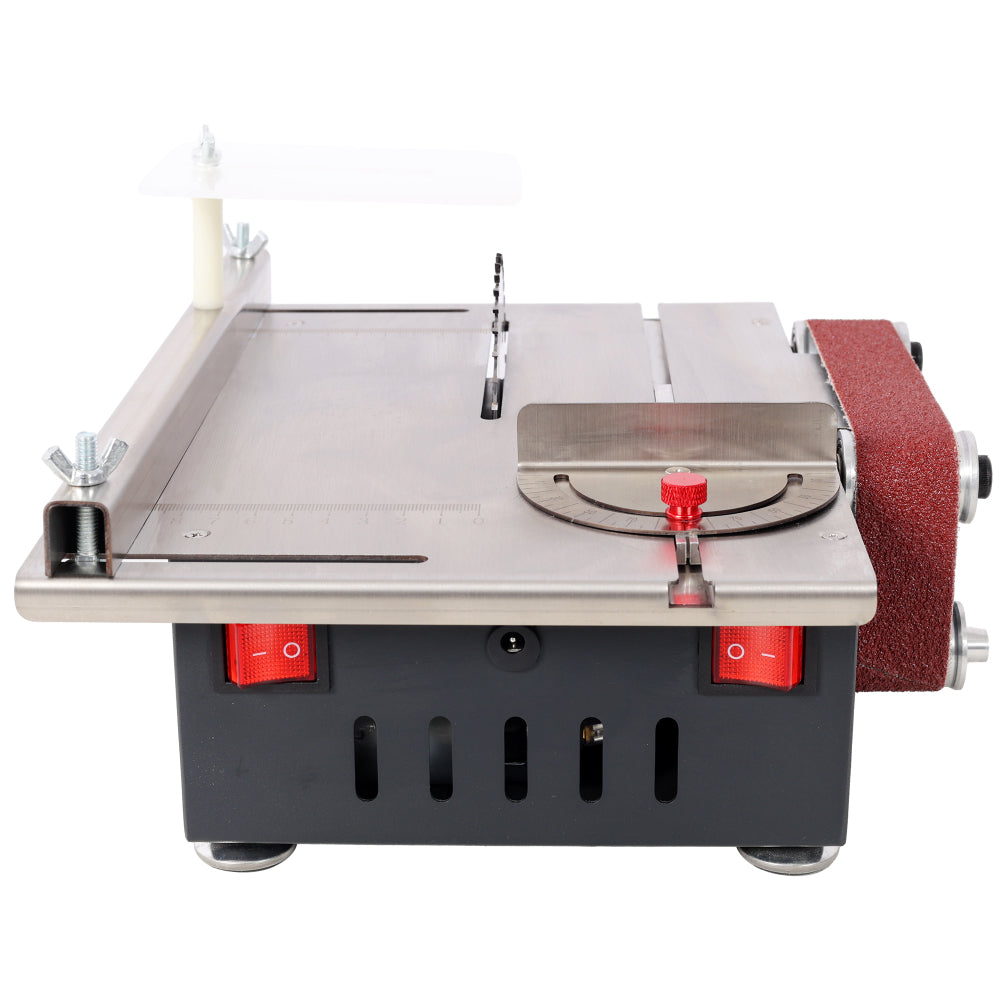 Mini Table Saw,Belt Sander, stainless steel top,4pcs Blades,10pcs Sanding Blet,7 Gear Adjustable 0-90° Angle, Available for Wood/PCB/Acrylic/Plastic,DIY Model Crafts Cutting Tool