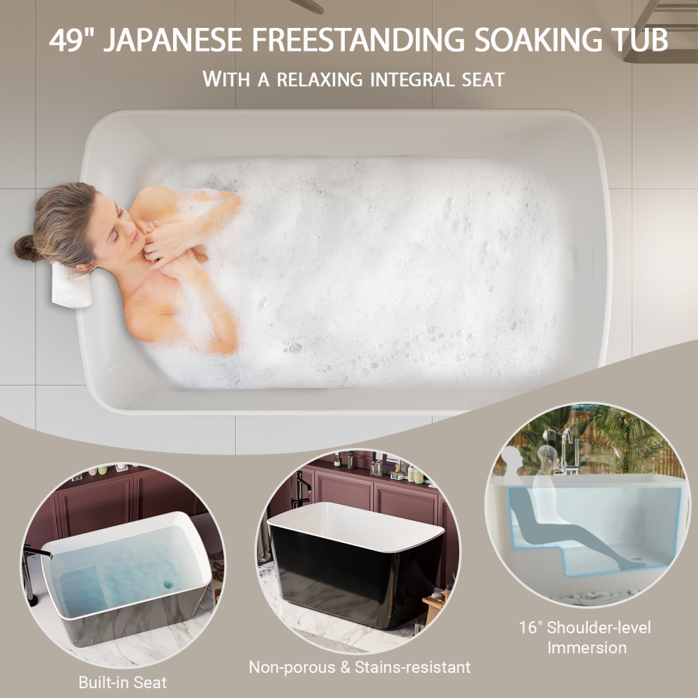 49'' x 28'' Acrylic Freestanding Soaking Bathtub, Square-shape Japanese Soaking Hot Tub, Sit-In Design with Chrome Overflow and Drain, Available for Express Delivery, Glossy Black 23AMA-49B