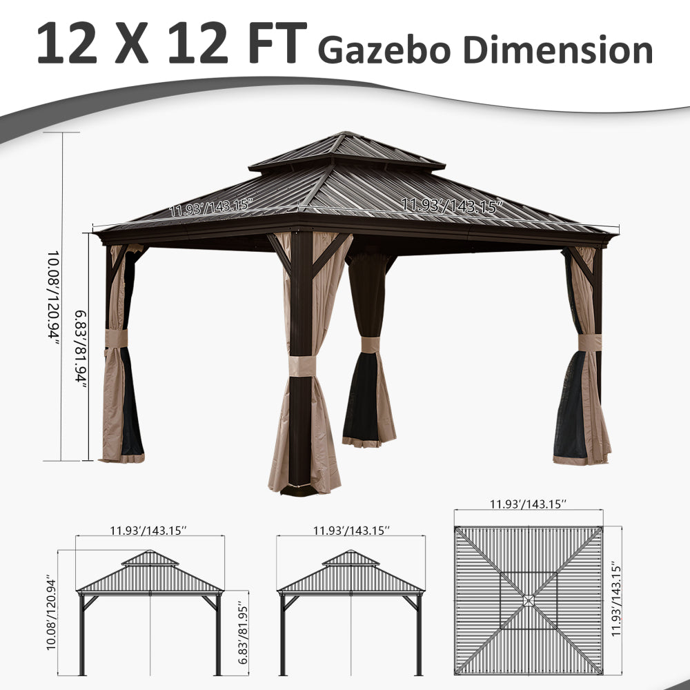 12' X 12' Hardtop Gazebo, Upgraded Metal Gazebo with Drainage System, Dual-Layer Galvanized Steel Roof, Curtain and Netting, Outdoor Shelter Canopy for Patio, Garden, and Backyard, Brown