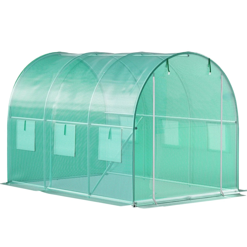 Walk-in Tunnel Greenhouse, 9.8 x 6.6 x 6.6 ft Portable Plant Hot House w/ Galvanized Steel Hoops, 1 Top Beam, Diagonal Poles, Zippered Door & 6 Roll-up Windows, Green
