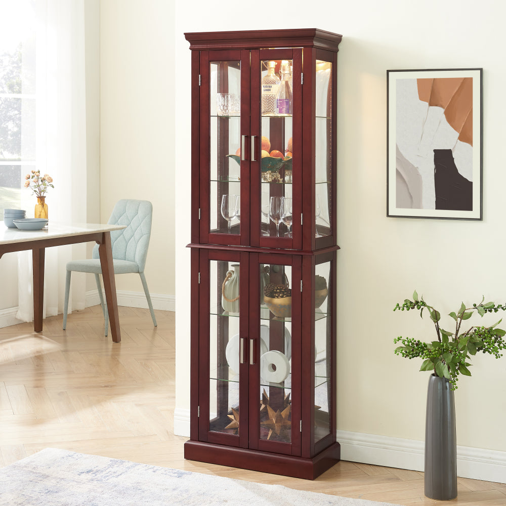 Curio Cabinet Lighted Curio Diapaly Cabinet with Adjustable Shelves and Mirrored Back Panel, Tempered Glass Doors (Walnut, 6 Tier), (E26 light bulb not included)