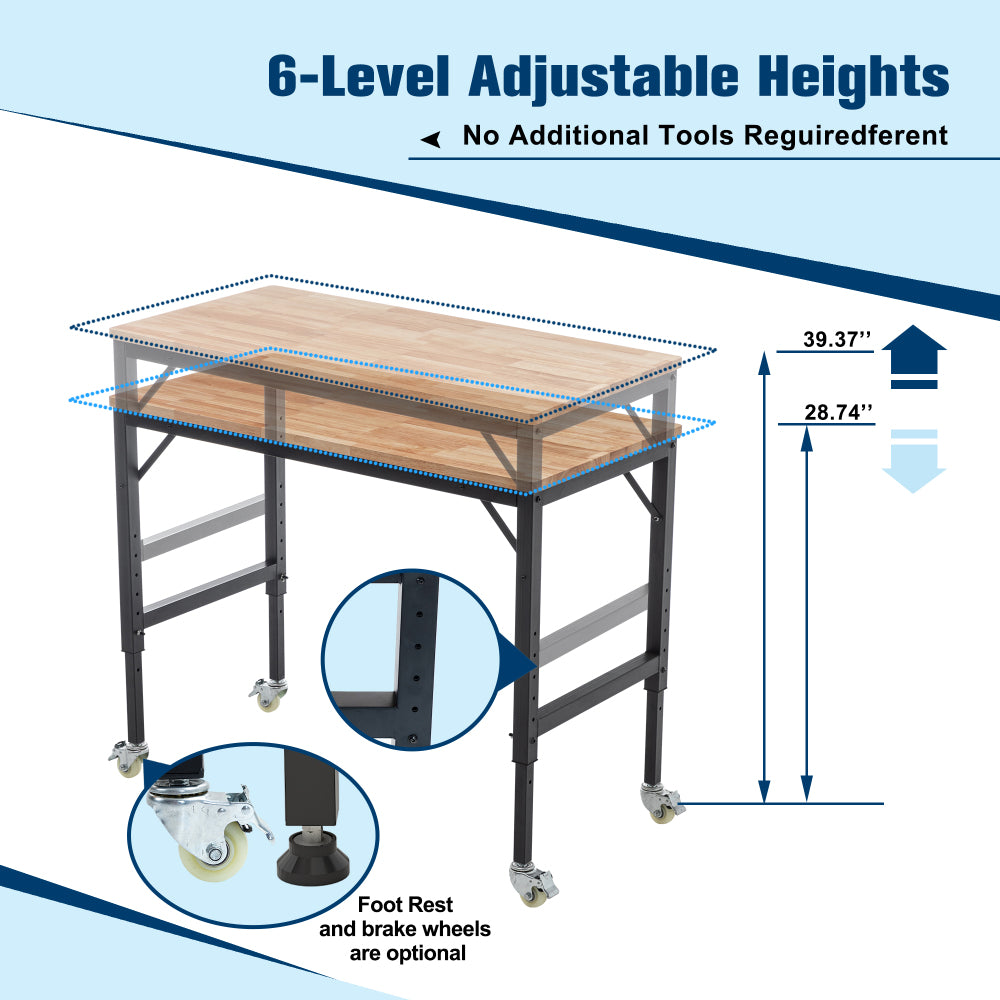 48" Heavy-Duty Adjustable Workbench for Garage, Rubber Wood shop table W/Metal Wheels, Hardwood Workstation Weight Capacity over 2000 Lbs with Wheels
