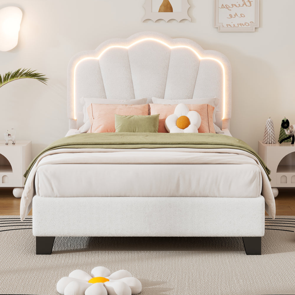 2-Pieces Bedroom Sets Twin Size Flower-Shaped Upholstered LED Platform Bed with Storage Ottoman-Sherpa Fabric, White