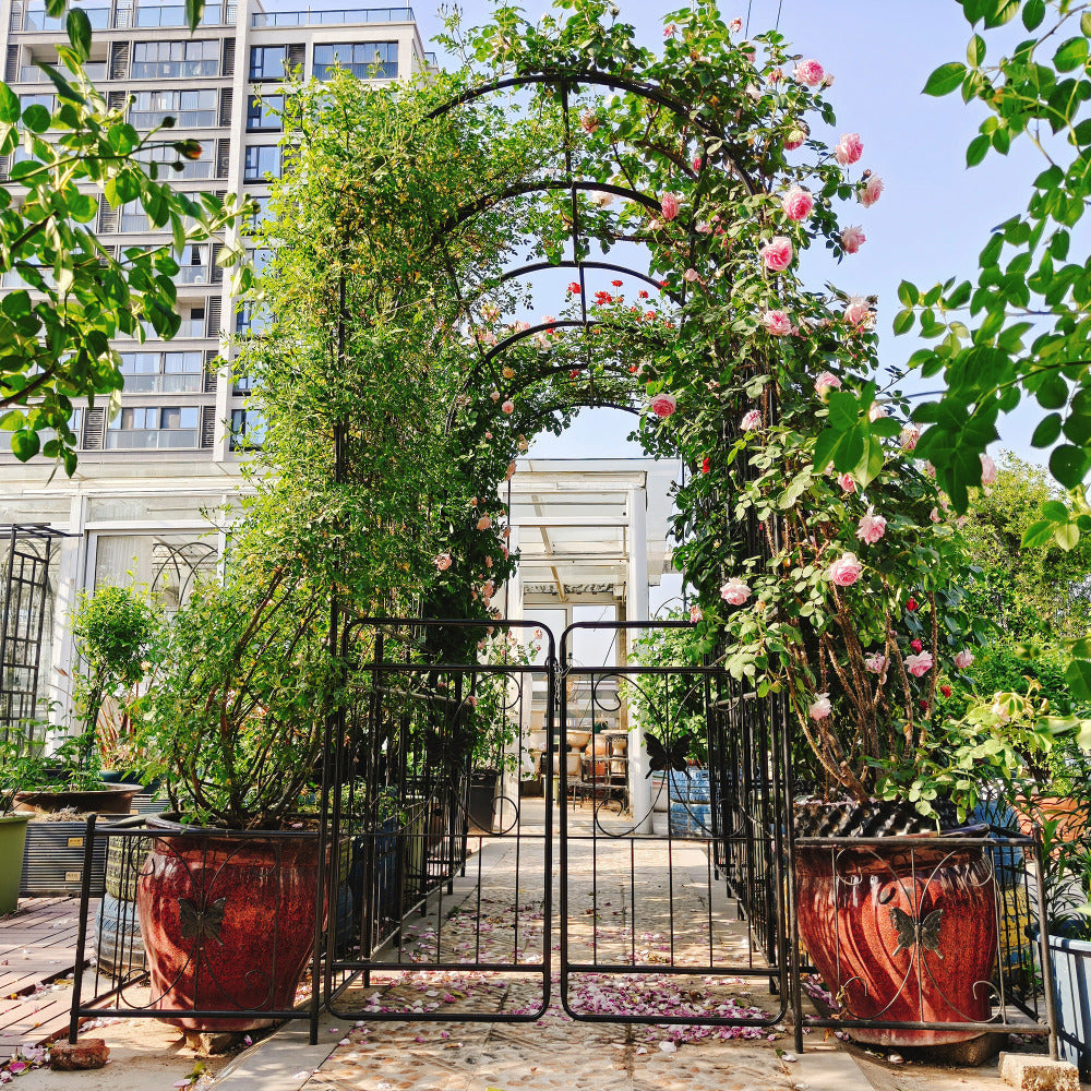 Metal Garden Arch with Gate 79.5'' Wide x 86.6'' High Climbing Plants Support Rose Arch Outdoor Black