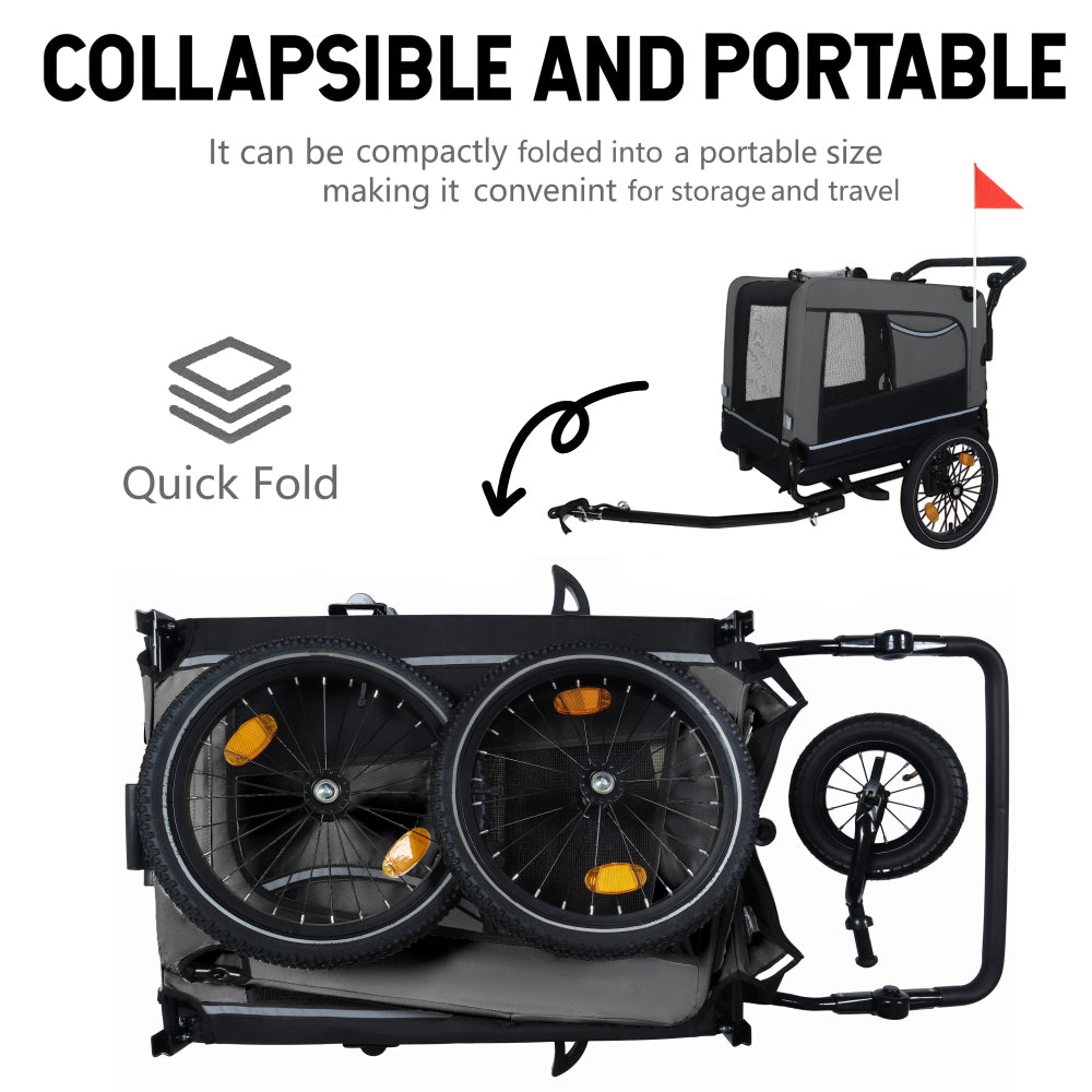 2-in-1 Bike Trailer & Push Cart for Pets - Detachable Bike Hitch & Push Handle Included - All-Terrain Wheels, Quick Release Wheel, Non-Slip Floor, Internal Leash, Holds Pets Up to 88 lbs, Black- Grey
