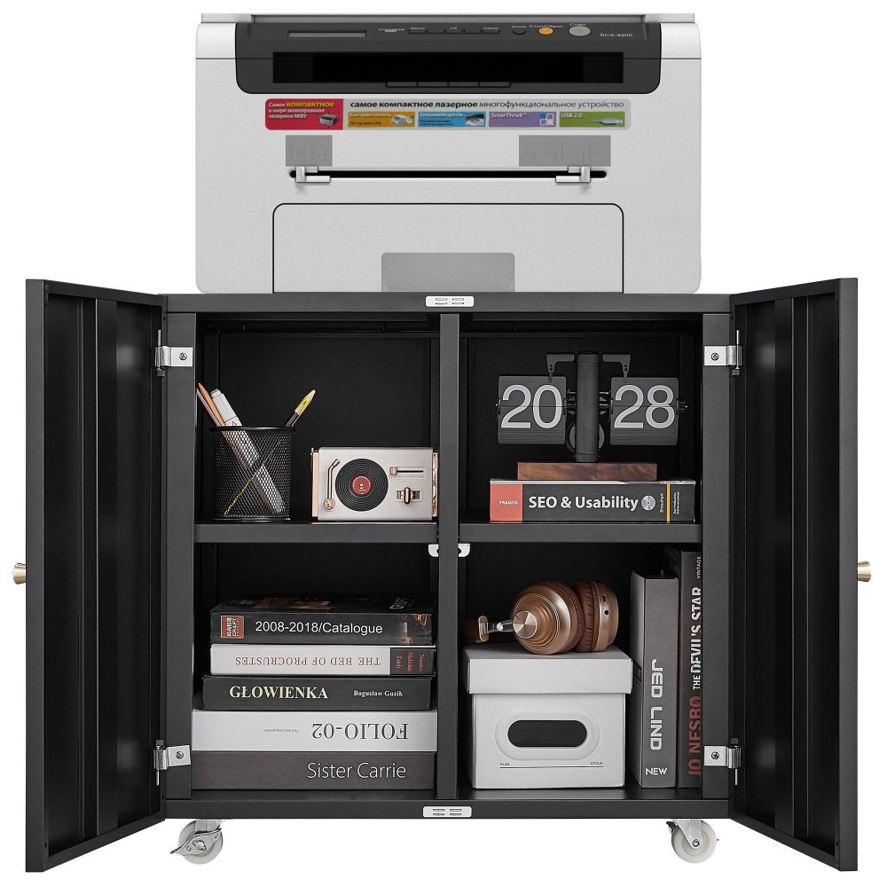 Black Metal Double-Door Printer Cabinet - 360° Lockable Casters, Crafted From Steel, Adjustable Shelves, Waterproof And Not Easy To Wear, Modern Design For Office, Home, Garage.