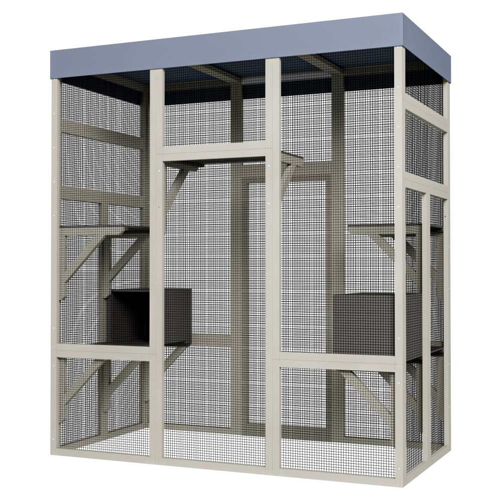62.6" Outdoor Wooden Catio for Cats, Large Cat Enclosure with Waterproof Roof, 2 Cat Houses & Platforms, Secure Rust-Proof Wire Pet Cage for Patio or Backyard