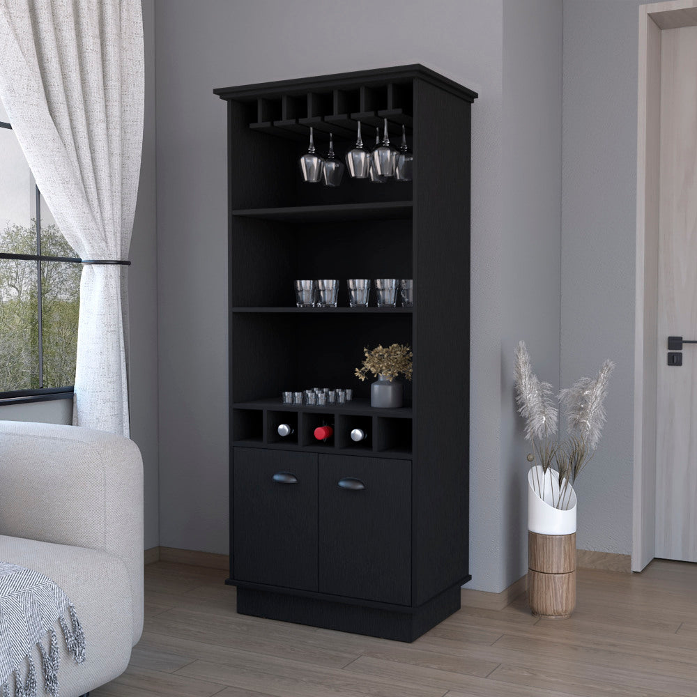 FM FURNITURE Sophia Bar Cabinet with Glassware Rack and Five Bottle Racks, Black