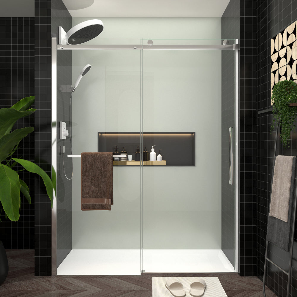 S-RM6076TB 56-60"W x 76"H Sliding Shower Door, Frameless Glass Shower Door with Matte Black Hardware, Towel Bar and Handle,Drop Shipping available