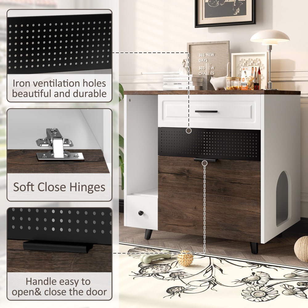 Cat Litter Box Enclosure, Indoor Hidden Cat Litter Box Furniture with 2 Drawers and Door, Cat House End Table for Living room, White and Brown