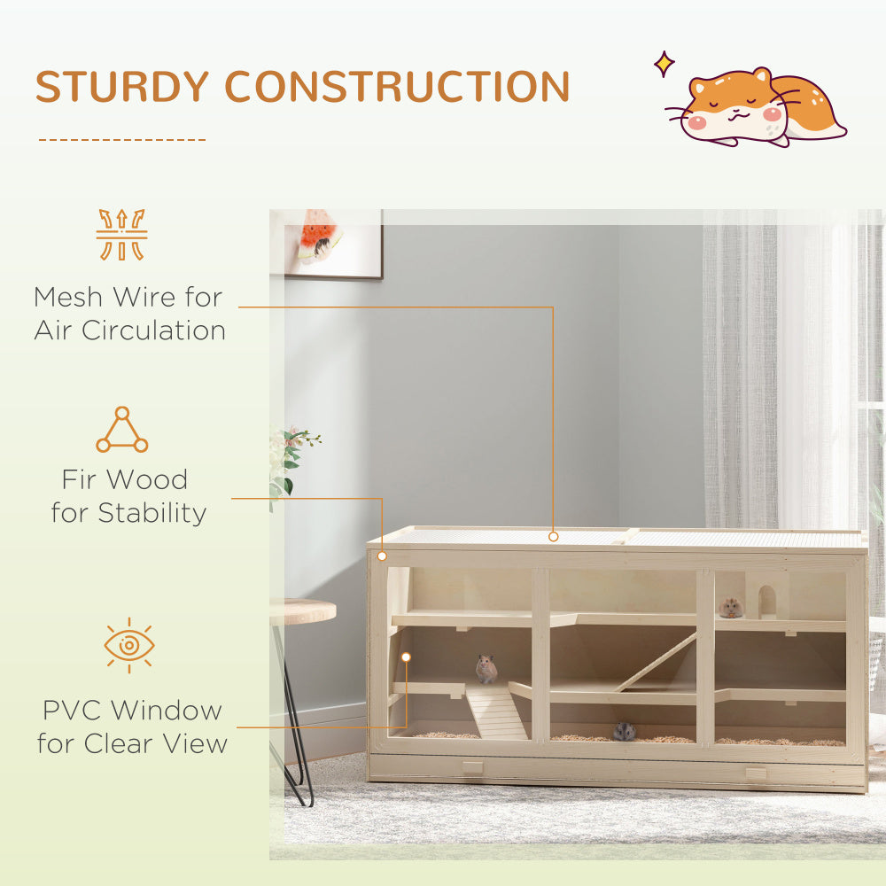 PawHut Extra Large Wooden Hamster Cage, Gerbil Cage, and Other Small Animal Habitat, Hamster Habitat with Opening Roof, Hut, Ramps, Natural