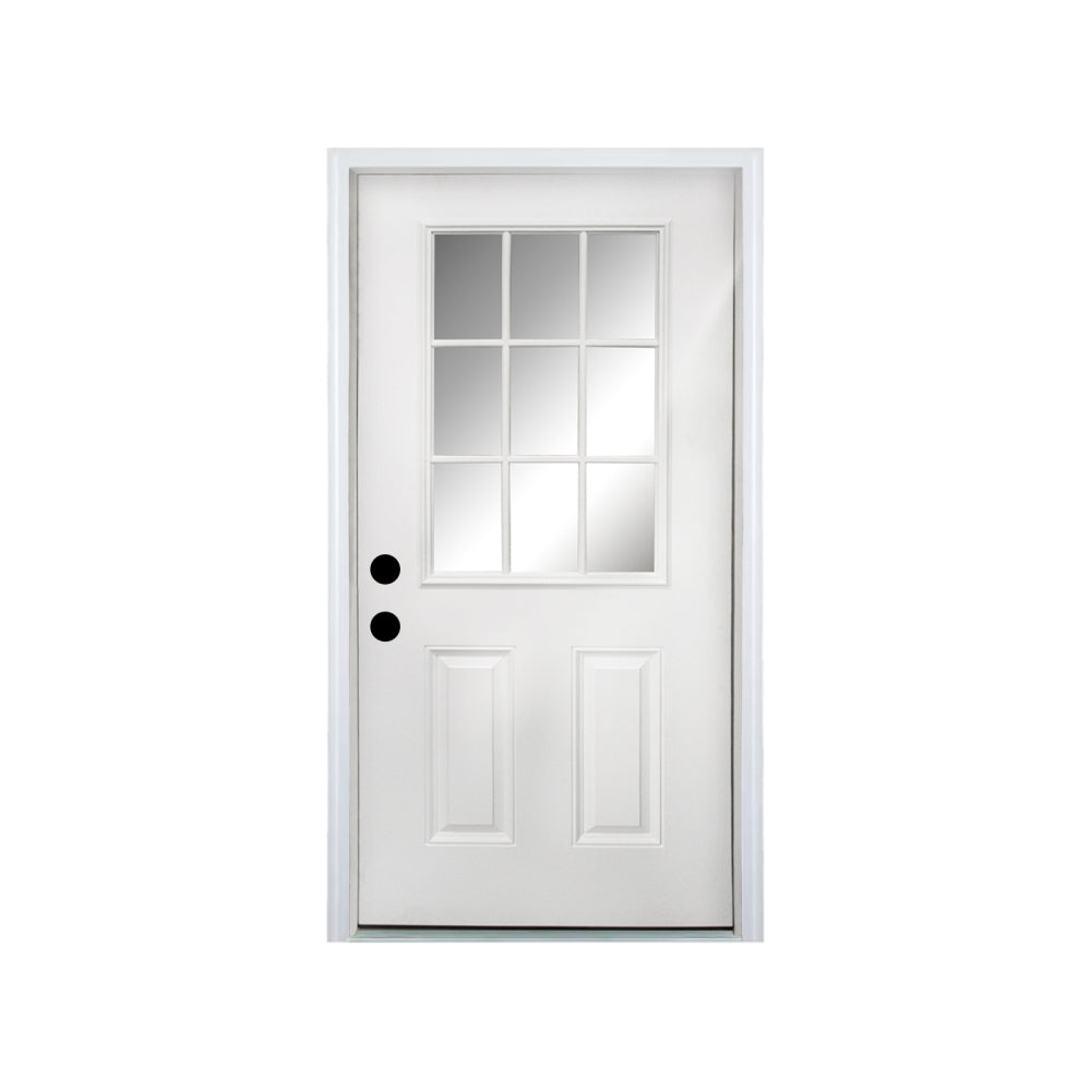 36 x 80 Fiberglass Entry Door with Brickmould, 4-9/16 in.Vinyl Frame,9 Lite Low-E Glass - Primed Front Door for Home's Front Entrance, Right Hand Inswing, White Oak Wooden Grain Knock-Down Door