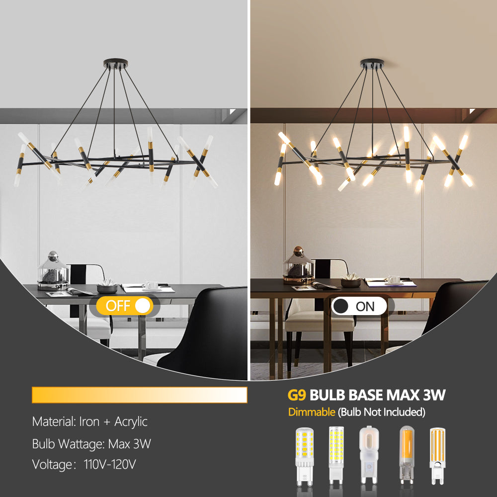 41" Black & Golden Modern Chandelier Light Fixture, Branch Design with Frosted Tubes, Black Cords, Adjustable Height Pendant Light for Dining Room, Living Room, or Kitchen Island (Bulb Not Included)