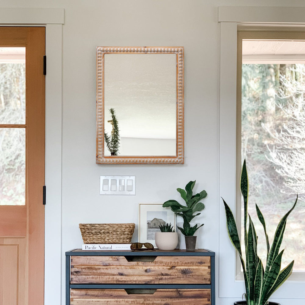 22x30 Inches Wood Framed Mirrors for Bathroom,Wooden Frame Wall Mirror Farmhouse Wall Mounted Rectangle Mirror for Vanity (Horizontal/Vertical) with beading