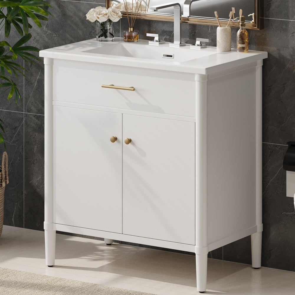 30" Modern Bathroom Vanity with Ceramic Sink, Bathroom Vanity Cabinet with Tempered Blurred Glass and Matte Black Handles, Equipped with Large Storage Space and Rubber Wood Frame, White