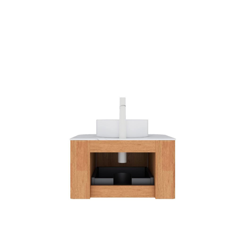 DINA 24" Bathroom Vanity with Sink, Wall-Mounted Floating Curved Edges Striped Bathroom Storage Cabinet with a Drawer, White Round Ceramic Basin without Faucet, Pre-assembled, Natural Woodgrain Color