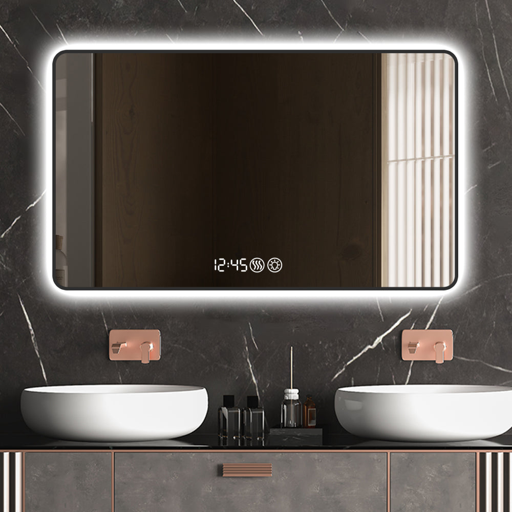 48x32 Black frame wall mirror  with rounded corners vanity mirror, temperature display, tri color light, defogging, high-quality aluminum alloy frame, high-definition tempered glass