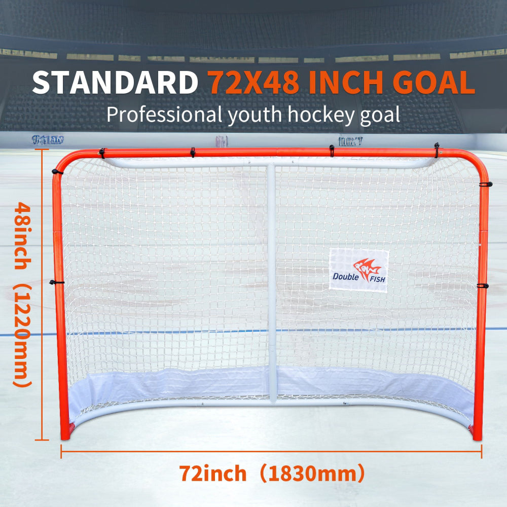 DOUBLE FISH Premium Steel Street Hockey Goal Set - 72"x48", Indoor/Outdoor, Durable & Portable with Reinforced Net And Easy Assembly