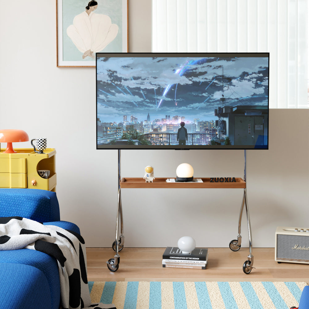 Walk around the TV stand with an antique, brown movable stand for a floor-standing display TV cabinet and projection TV stand