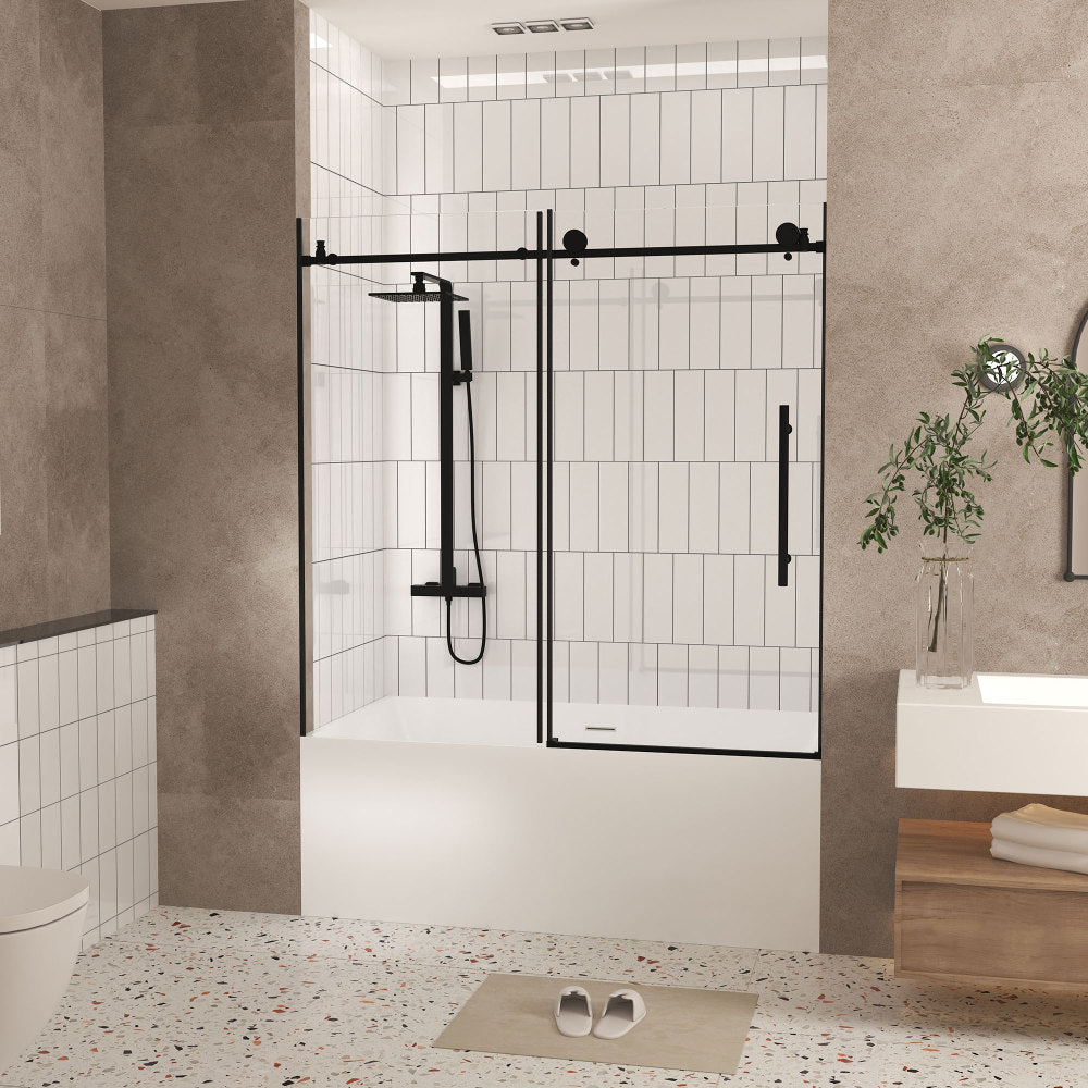 Frameless shower door 56-60 "W x 60" H, 1/4 "(6 mm) Clear Tempered Glass, Explosion Proof Film, Stainless Steel Handle, Matte Black