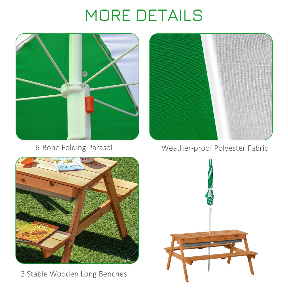 Outsunny Kids Picnic Table with Umbrella and Storage Inside, Sand and Water Table, Kids Outdoor Furniture, Wooden Bench Backyard Furniture for Garden, Patio, or Balcony