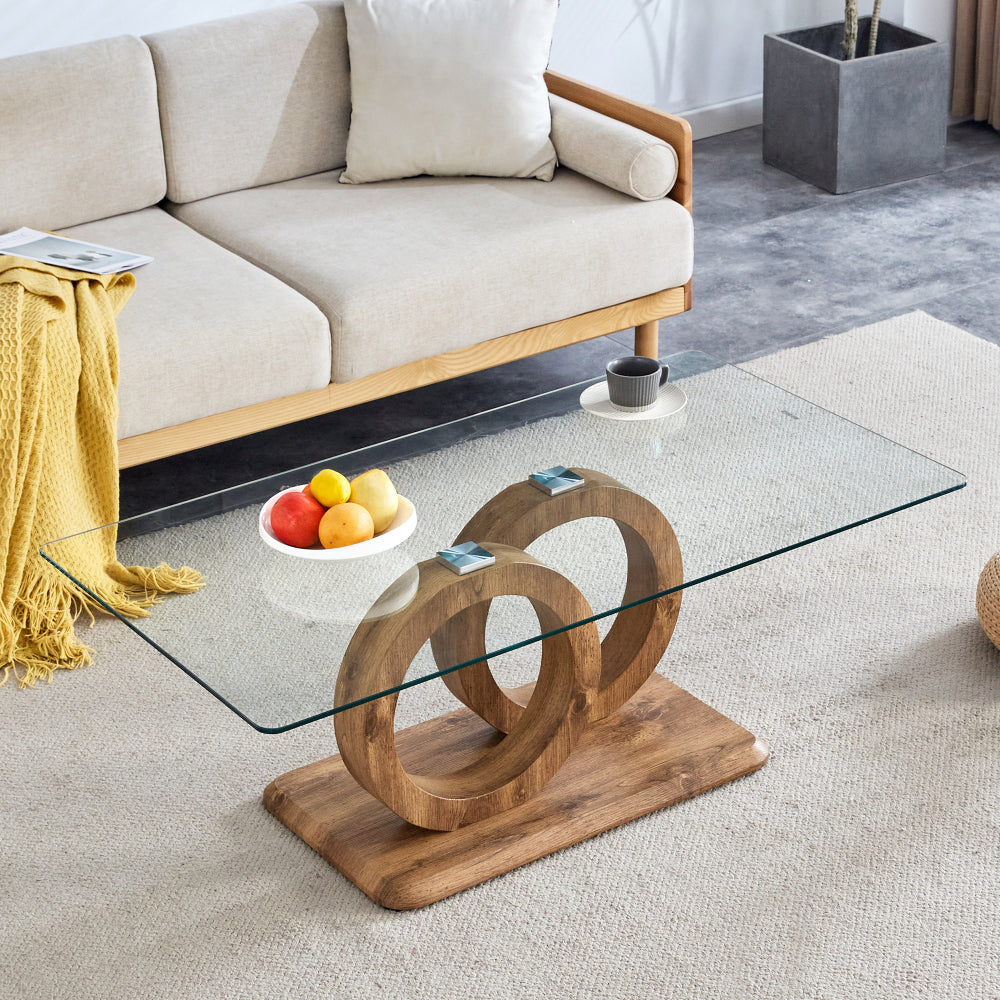 Modern Style Glass Top MDF Coffee Table with Natural Wood Color Base - Suitable for Living Rooms and Lounge Areas, with Product Dimensions of 47.2*25.6*17.8