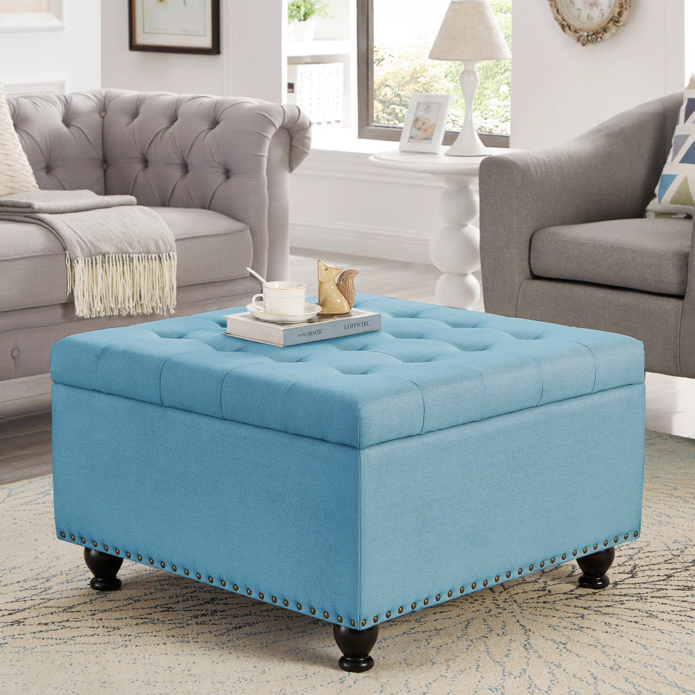 Large square storage ottoman with wooden legs, Upholstered button tufted coffee table with nail trims for Living Space, Black