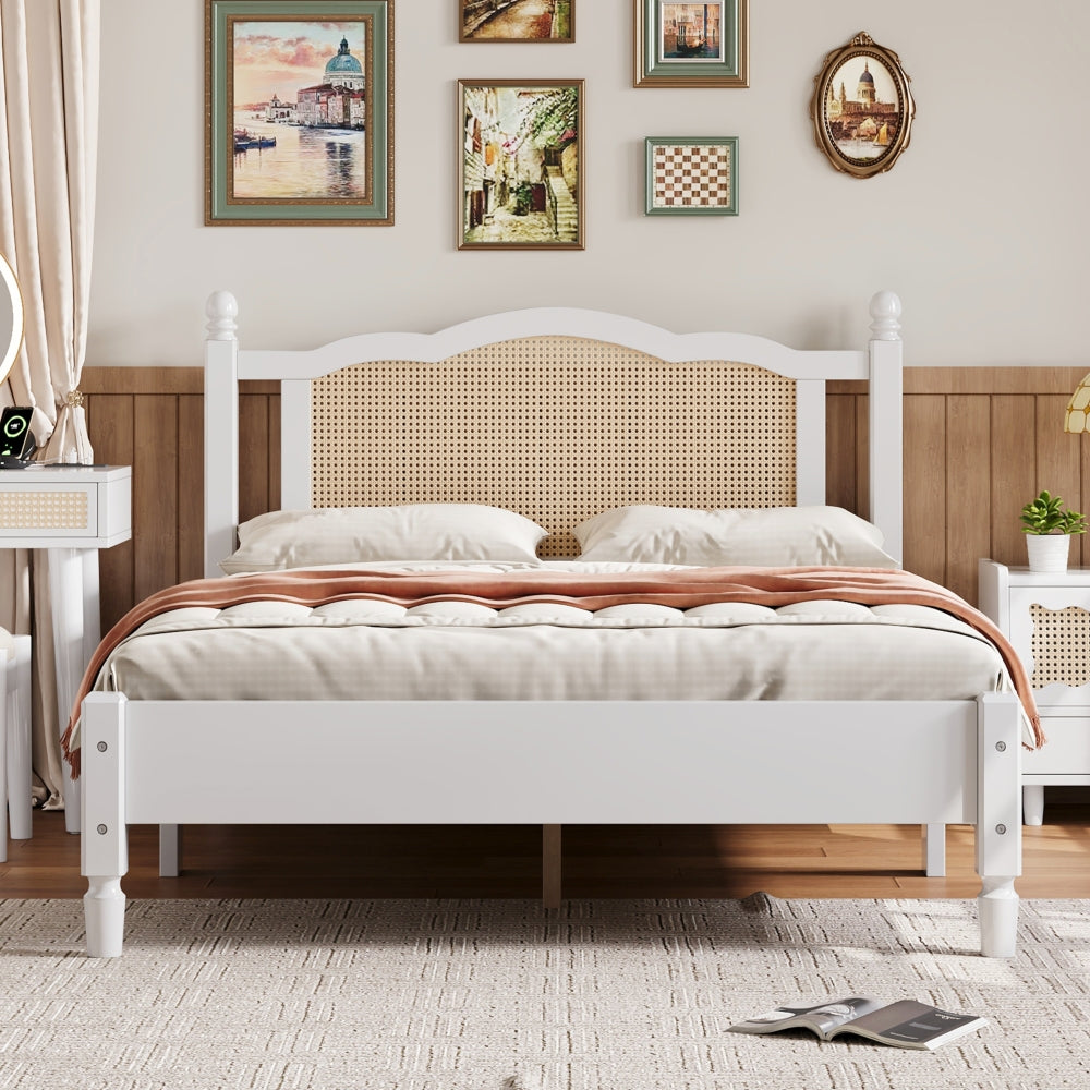 3 Pieces Bedroom Set with Queen Size Wooden Bed Frame, 1 Vintage  Nightstand and 1 Makeup Vanity Set with Stool,Black