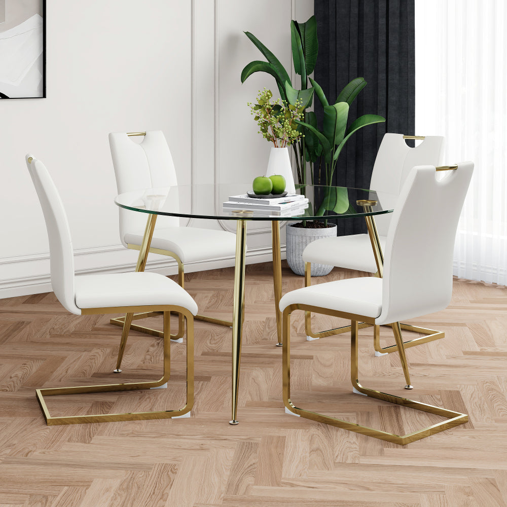 Modern simple round glass dining table, wear-resistant tempered glass countertop, gold-plated legs, grey PU dining chair set, suitable for restaurant kitchen use (set of 5)