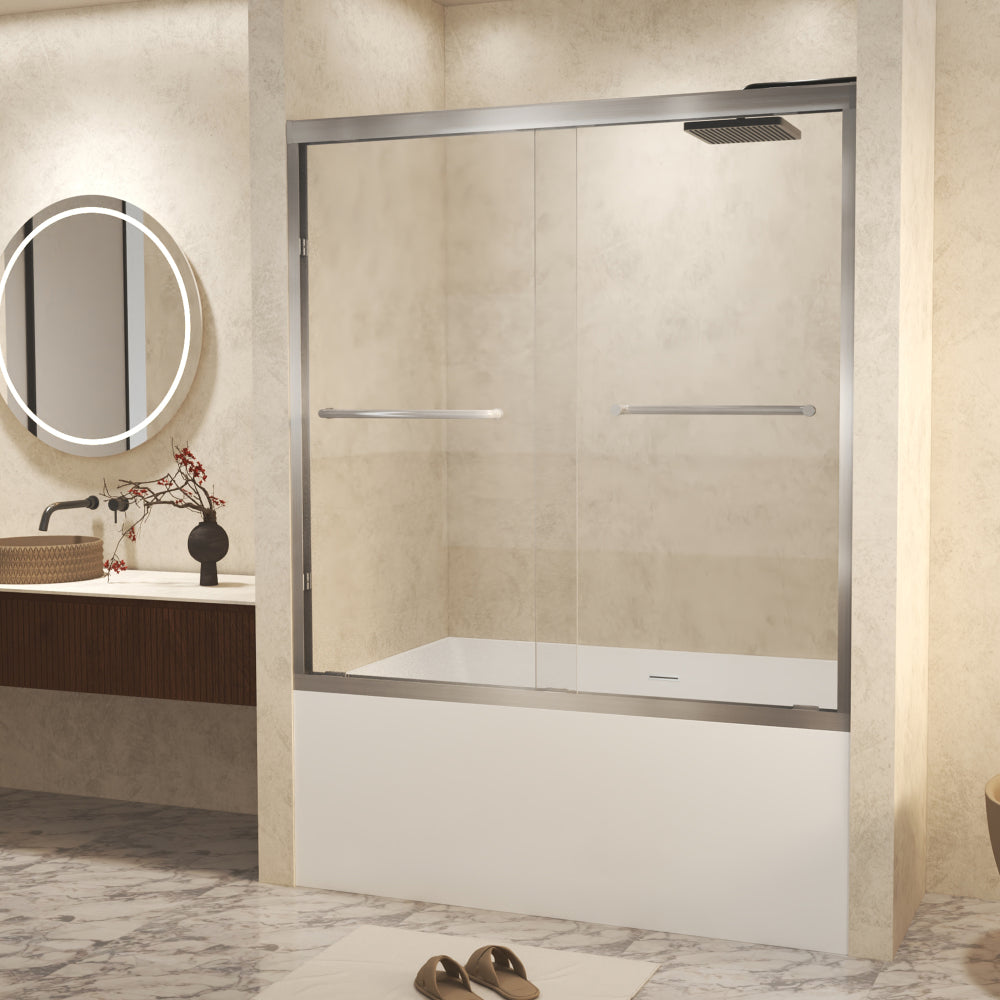 56-60" x 60" Tempered Glass with Explosion Proof Film, Aluminum Frame Double Sliding Shower Door, "1/4 (6 mm), Stainless Steel handle,Brushed Nickel