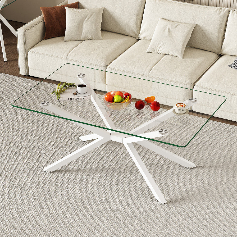39.37" Rectangular Clear Tempered Glass Coffee Table,Stylish Design with Black Metal Legs, Coffee Table for Living Room