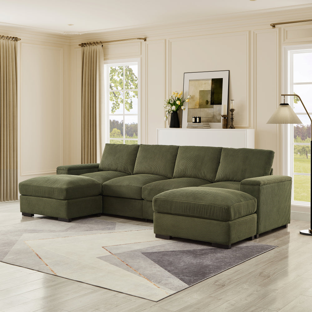 Sectional Sofa Deep Seat Sofa Couch with Ottomans, Corduroy Sofa Sleeper Comfy Upholstered Furniture for Living Room, Apartment, Office, (4-Seat & 2-Ottoman, Dark Green)