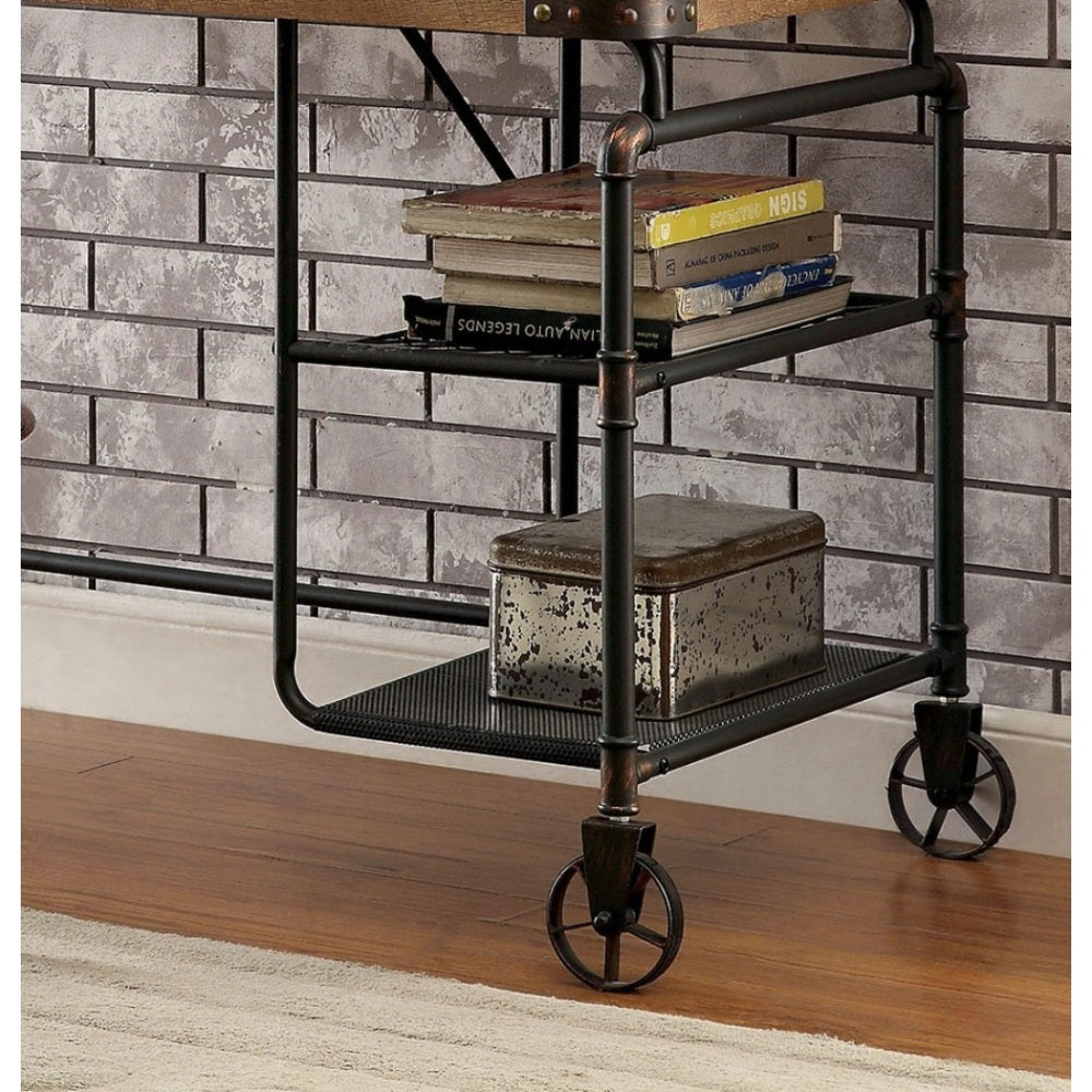 Industrial Inspired Desk With An Antique Black Metal Construction Replicated Wood Top And Caster Wheel Accents