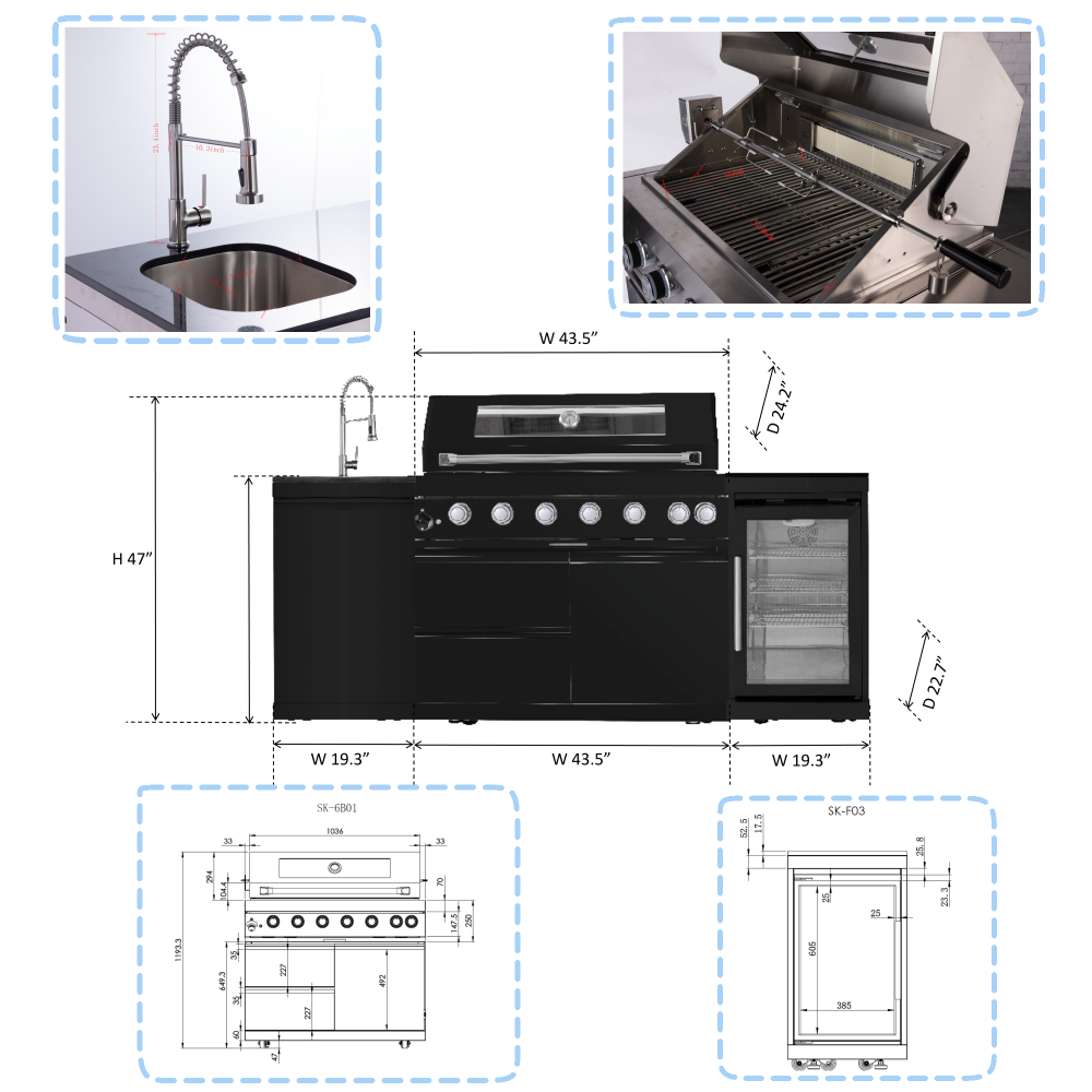 43-Inch 6-Burner 85000 BTU Deluxe Stainless Steel Gas Outdoor Kitchen Bar Barbecue Island Grill + Wine Cooler Compact Refrigerator + Rotisserie kit + Granite Countertops + Stainless steel Sink