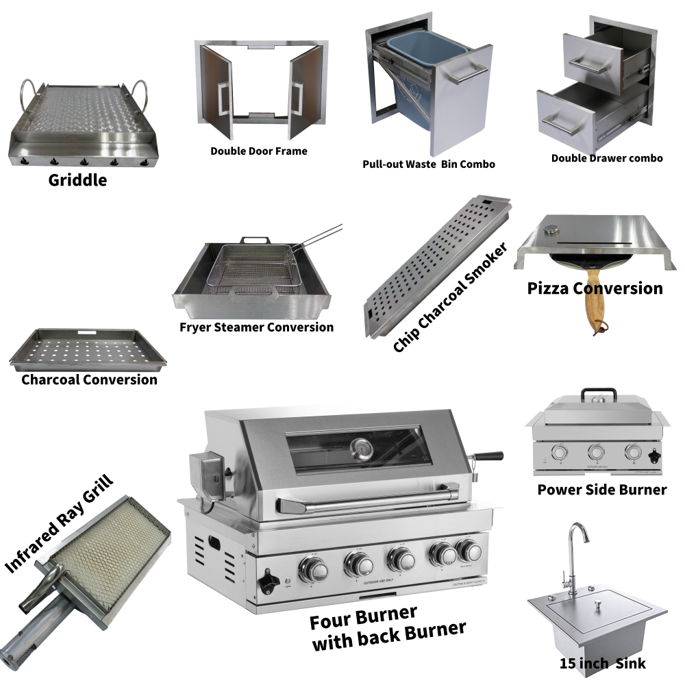 Built-in Outdoor Kitchen 32 inch LPG Gas Grill 60000 BTU Stainless Steel Four burners Grill with Infrared Rear Bunrer and Door and Drawer Combo and Drop in Stainless Steel 304# Sink with BBQ Tool Set