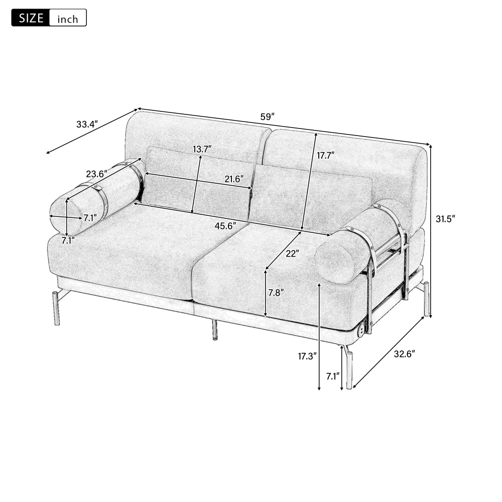 Modern Loveseat Sofa 59" Sofa Couch 2-Seater Sofa with Flexible USB Ports , Unique Cylindrical Armrests for Living Room, Beige