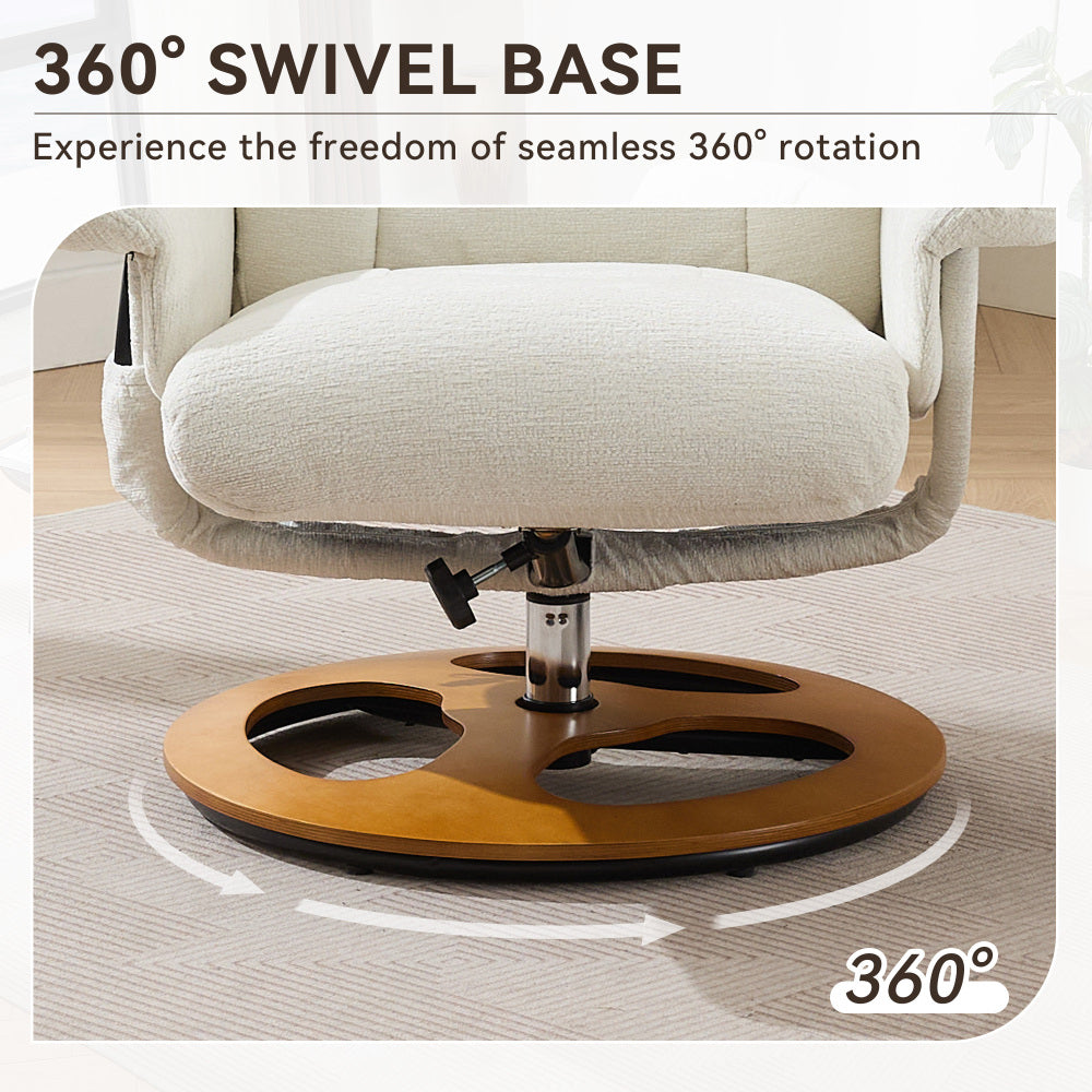 010-Ergonomic Recliner Chair with Ottoman, Modern 360° Swivel Lounge Chair with Footstool, Chenille Fabric, 5 Point Vibration Massage, Seat Heating & 140° Adjustable Backrest for Home or Office, White