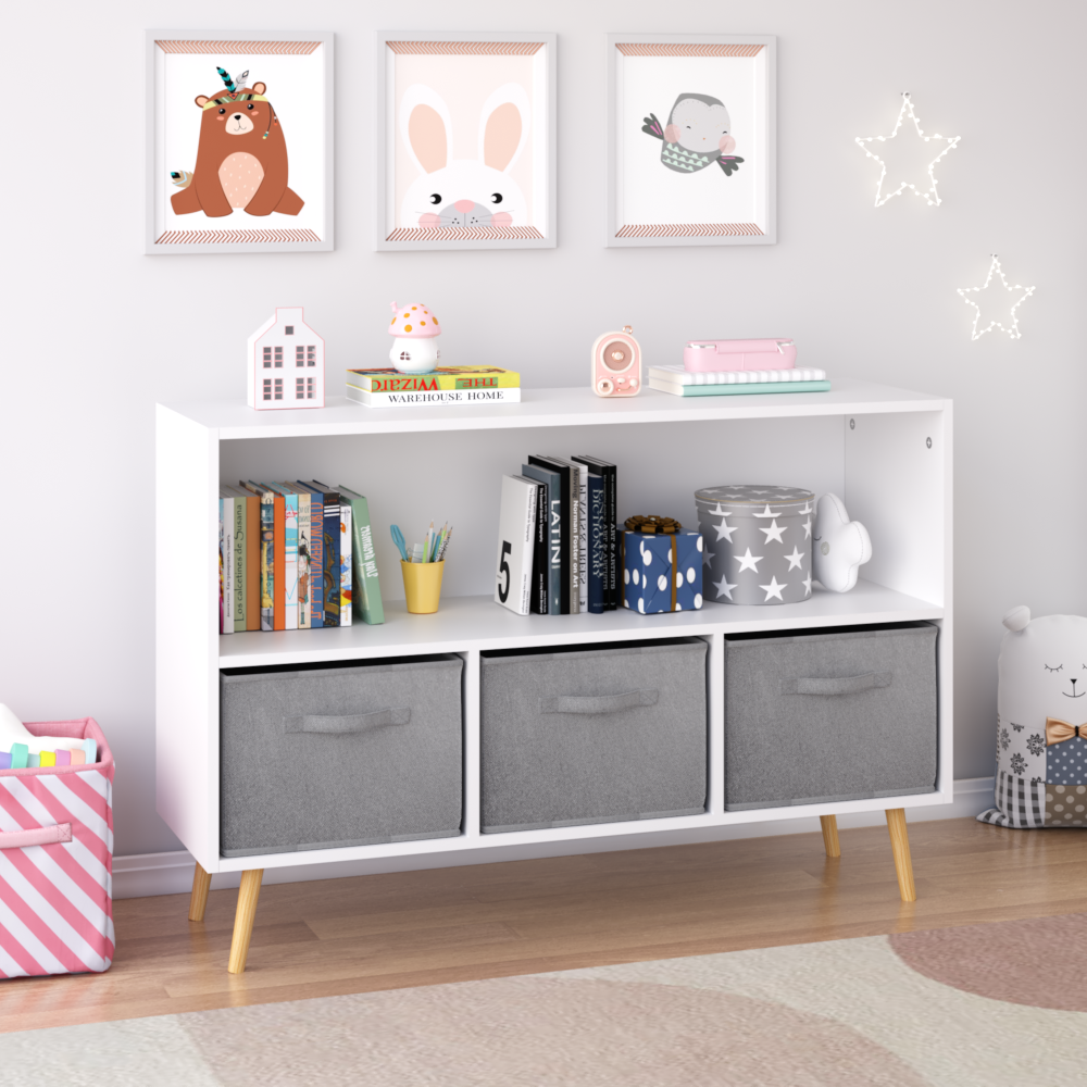 Kids bookcase with Collapsible Fabric Drawers, Children's Book Display, Toy Storage Cabinet Organizer, White/Gray