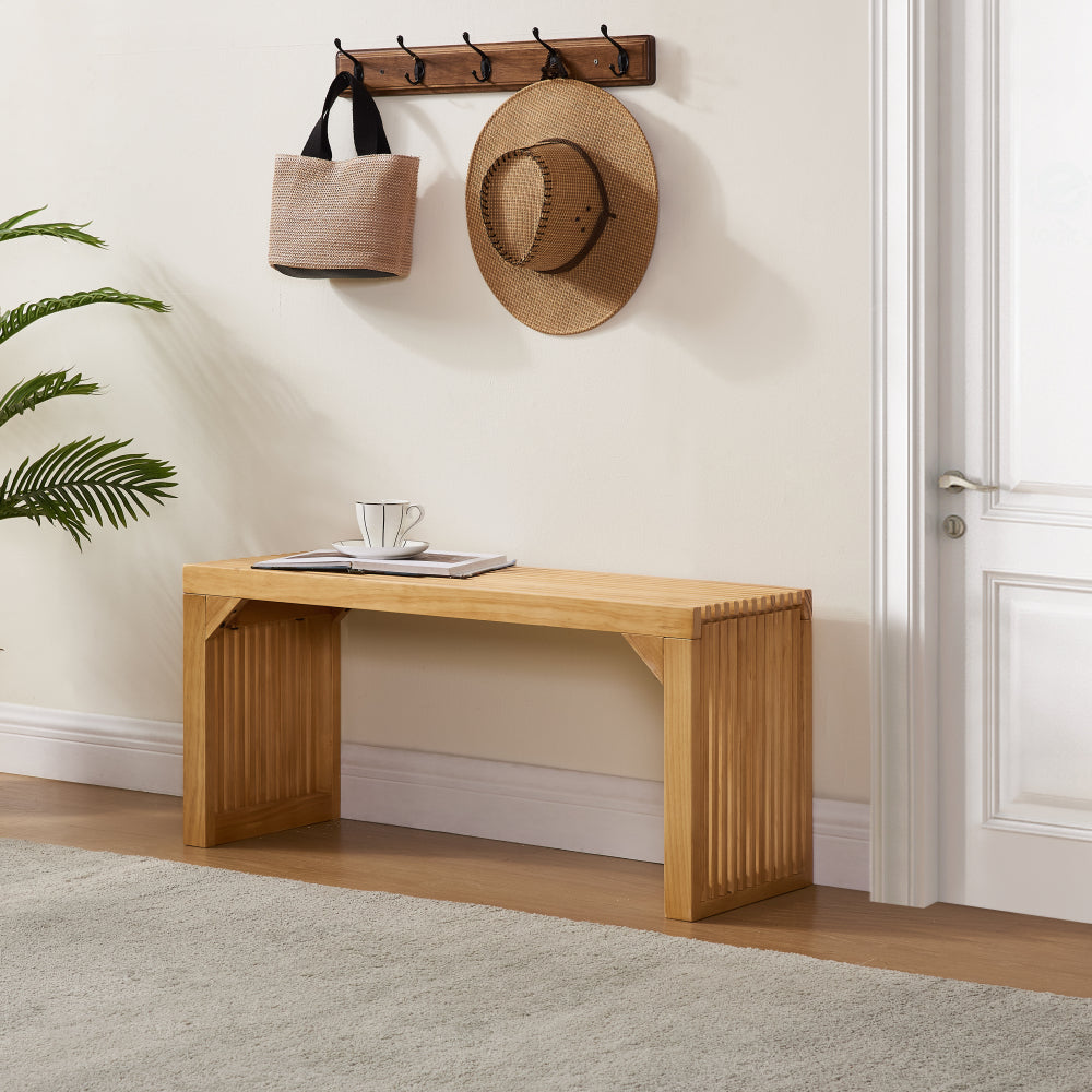 Natural Pine Dining Long Bench and Table Set – Versatile Indoor Wood Furniture for Entryway, Living Room, Kitchen, and Bedroom – Includes Small Tempered Glass Top