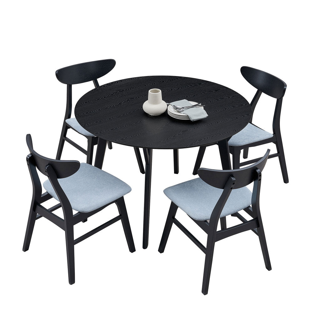 Wooden Dining Table Set, Modern Simple Design Round Kitchen Table and Fabric Upholstered Dining Chairs for Dining Room, Kitchen, Saving Space(1 Table with 4 Chairs),Black