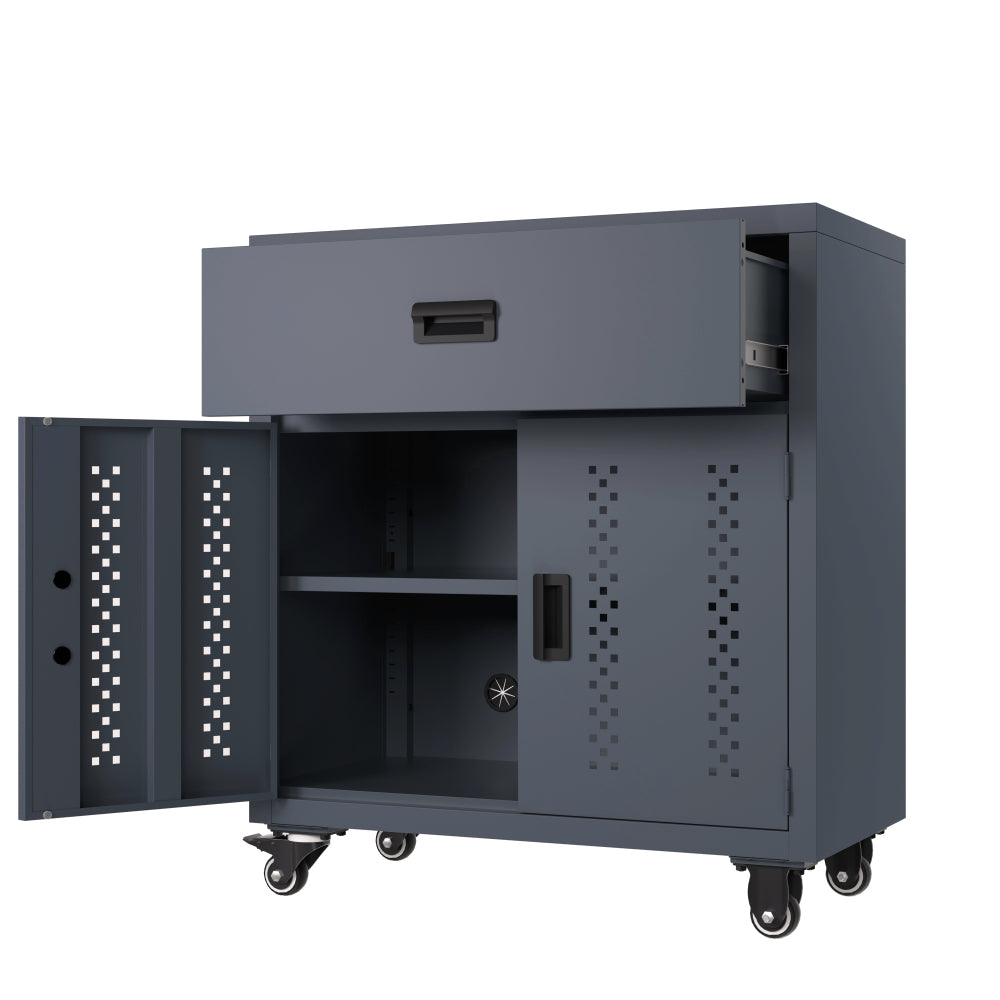 Metal garage storage cabinet with lockable door and adjustable shelves, rolling tool storage cabinet with 4 wheels - 31.49-inch steel lock cabinet, suitable for garages and warehouses (gray)